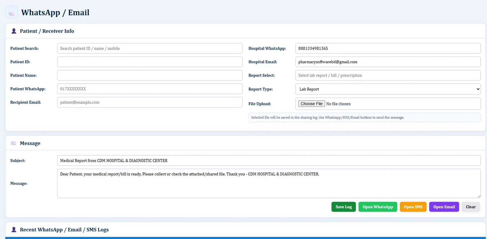WhatsApp / Email Module - Hospital Software BD screenshot