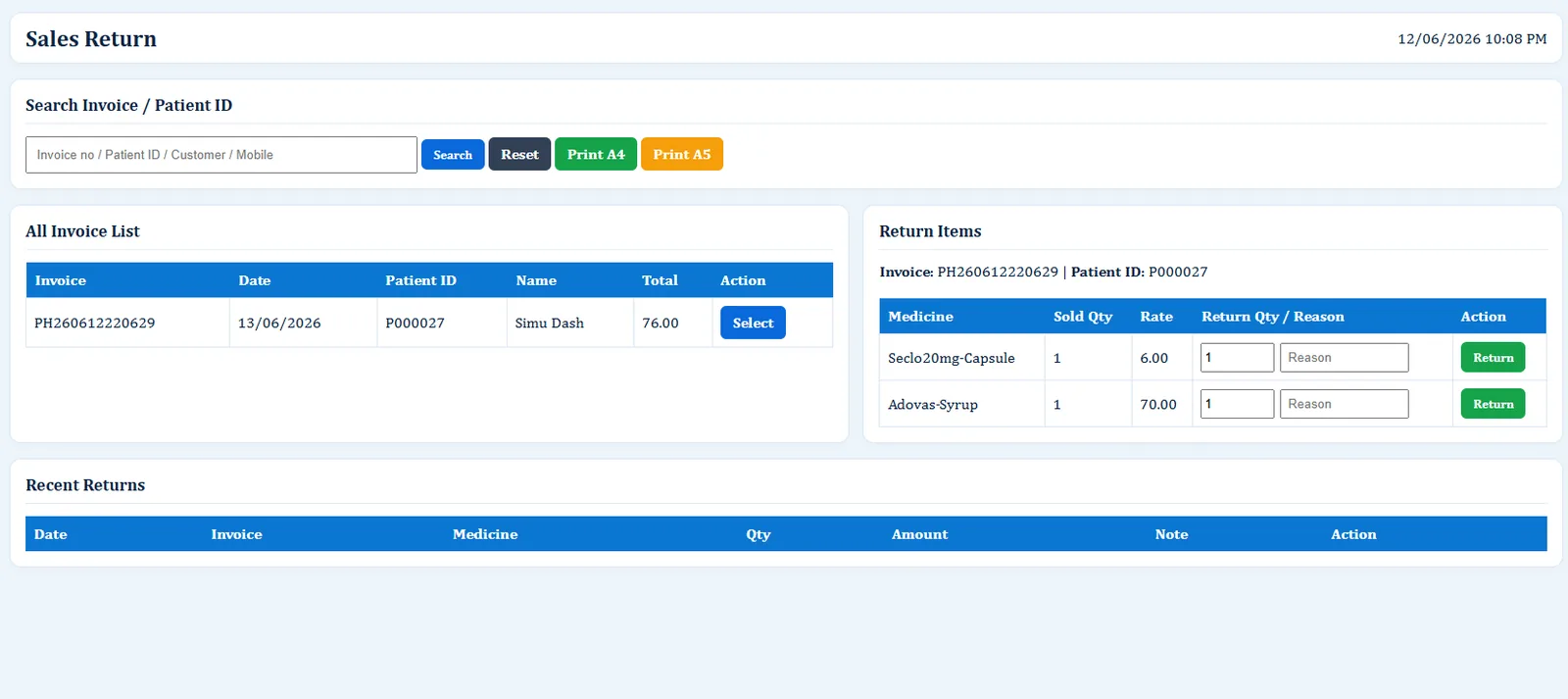 Sales Return - Hospital Software BD screenshot